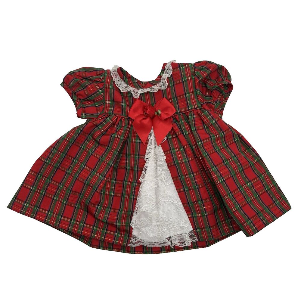 Vintage Bryan & Co Holiday Tartan Plaid Dress Baby 3-6M Retro Christmas Lace Bow
